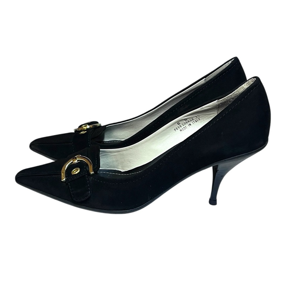 Coach Black Suede Sarrah Kitten Heels 8
Leather Gold Buckle Detail Pointed Toe - Picture 2 of 11